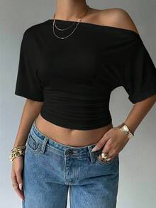 Aloruh Asymmetric Shoulder Loose Top With Cinched Waist, Minimalist Basic T-Shirt,Summer Top - Black - View 3