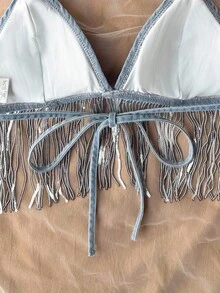 Soleia Top da donna in denim azzurro chiaro con strass e frange, stile halter, crop top senza schiena anni '70 per vacanze estive, feste, spiaggia e concerti country - Lavaggio chiaro - Visualizzare 3
