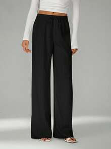 SHEIN Tall Quần ống rộng cạp chun, chất liệu vải nhăn có họa tiết. - màu đen - Xem 11
