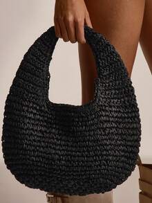 MUSERA 女士单肩包、流浪包、草编包、流苏草编包，时尚、优雅、简约、个性化、百搭，适合海滩、度假、假日、夏季、海边、沙滩派对 - 黑色 - 查看 1