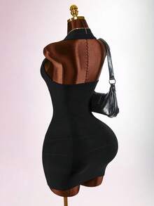 Amplova Y2K schwarzes Sommer Techno Club Rave enges ärmelloses Bandage Bodycon Minikleid, rückenfrei einfarbig Festival Outfit für Frauen elegante Party - Schwarz - Übersicht 6