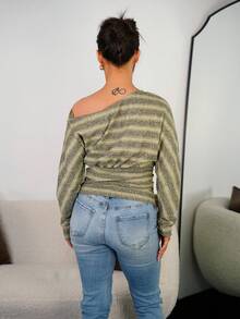 SAYEHFBABY 女式秋冬 Y2K 休闲日常条纹弹力长袖露肩 T 恤 - 綠色 - 查看 2