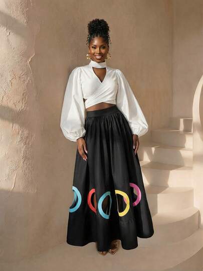 BamGleam Spring Valentine's Day New Year Holiday New Design Loose Colorful Printed, Hollow Out Design Women's Skirt, Fashionable Lively Resort Hiphop Casual Style, Suitable For Travel, Daily Wear, Back To School, Party