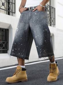 Manfinity EMRG Men's Hip Hop Street Fashion High Street Luxury Rhinestone Gradient Washed Denim Capri Shorts - Black - View 3