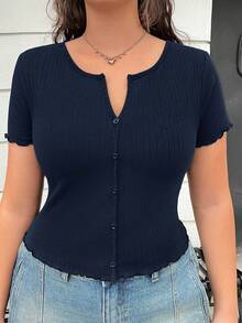 GalTyme Navy Blue V-Neck Solid Color T-Shirt For Plus Size Women - Navy Blue - View 3