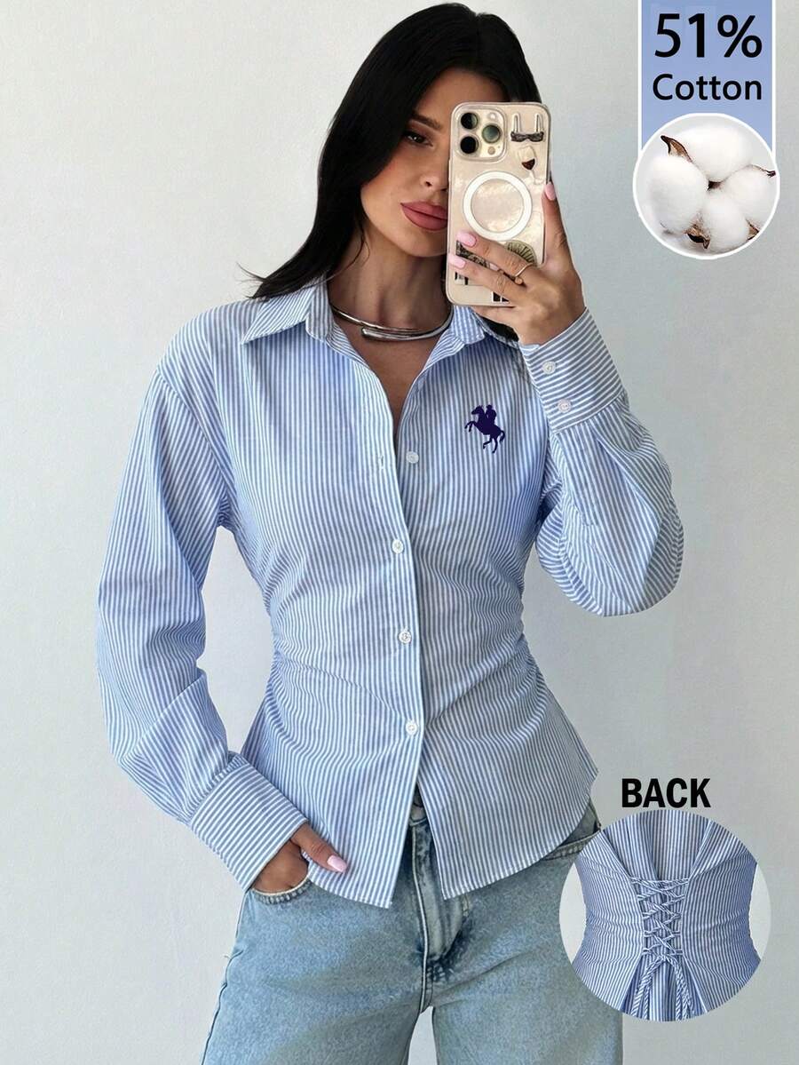 Firerie 女士 51% 棉蓝白条纹长袖系带衬衫，饰有刺绣小马图案 - 休闲通勤、商务及度假衬衫，收腰设计，优雅波西米亚复古风，完美适用于工作场合以及春、夏、秋、冬四季穿着 - 彩色 - 查看 1