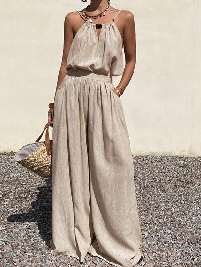 DAZY 女士宽松休闲度假风无袖上衣和阔腿裤两件套，春夏款