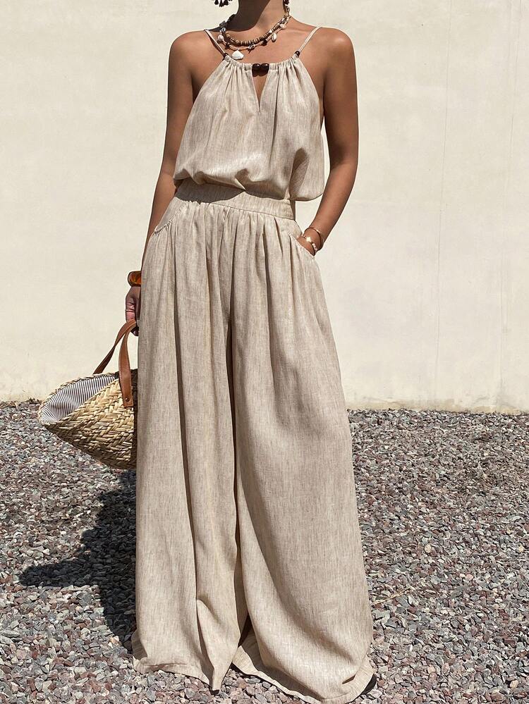 Women's Loose Casual Vacation Style Sleeveless Top And Wide Leg Pants 2 Pieces Set, Spring/Summer