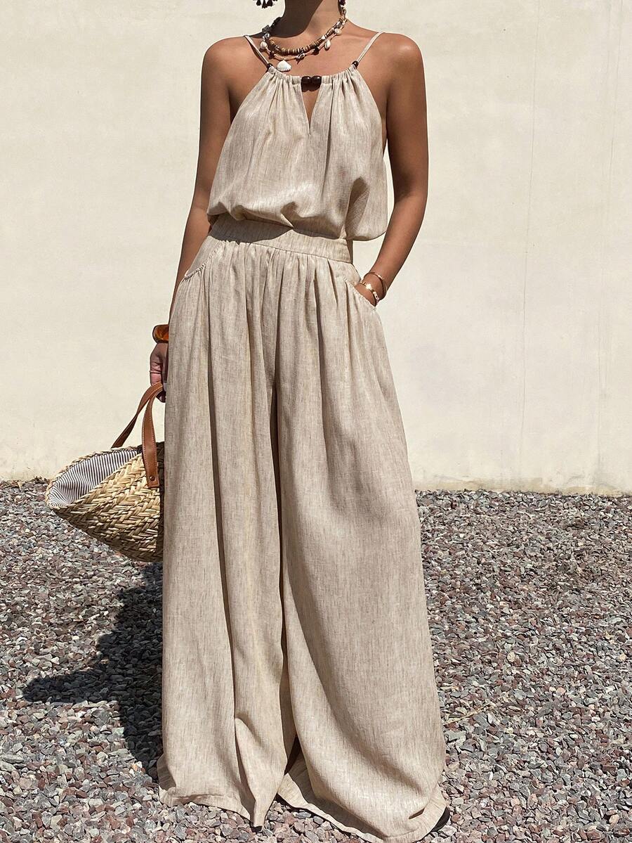 DAZY 女士宽松休闲度假风无袖上衣和阔腿裤两件套，春夏款 - 卡其色 - 查看 1