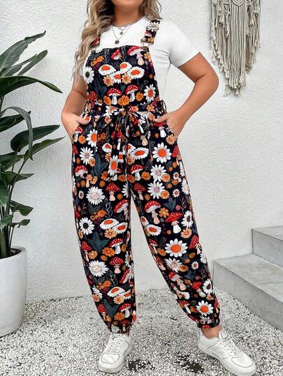 SHEIN 大码女式夏季波西米亚蘑菇印花连体裤