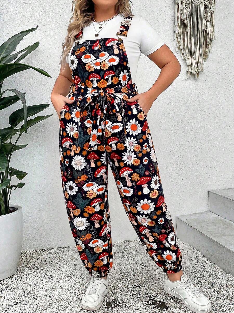 SHEIN Plus Size Women's Summer Bohemian Mushroom Print Jumpsuit - Multicolor - View 1