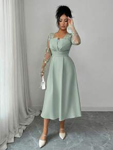 Modelyn Women's Floral Embroidery Ruched Waist Elegant Midi Dress For Party,Dresses For Women Elegant - Green - View 4