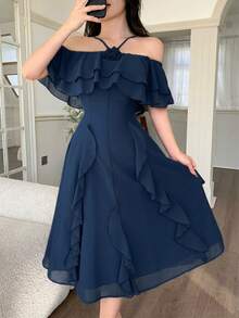 Feyla Gaun Elegan Wanita Warna Polos dengan Dekorasi Bunga 3D, Ruffle, Model Off-Shoulder Halter - Biru - View 6