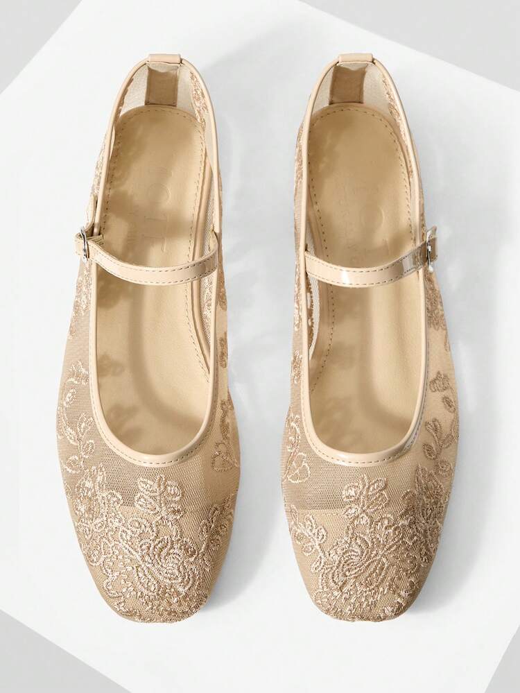 LADIES ELEGANT VERSATILE COMMUTER MESH FLORAL EMBROIDERED BUTTON FLATS FOR HOLIDAY WEAR