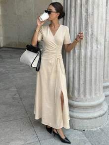 Ritzy Row Đầm nữ thanh lịch xếp ly, dây rút, cổ chữ V chéo, thích hợp cho công sở. - Màu be - Xem 1