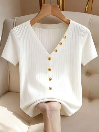 Franclia Dam T-shirt med kort ärm och knappdekor, sommar