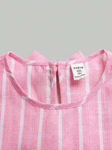 SHEIN 少女休闲度假粉色编织条纹蝴蝶结露背吊带背心和配套短裤套装，修身款 - 粉色 - 查看 3