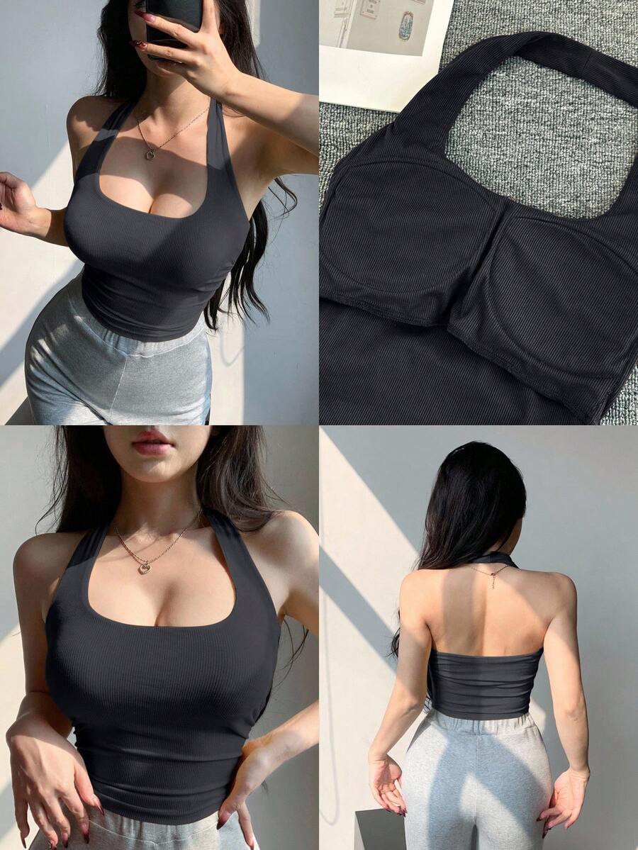 DAZY 女士时尚深灰色带衬垫露脐抹胸上衣，适合音乐节、街头风、度假，露背设计，无袖背心，春夏款 - 深灰色 - 查看 1