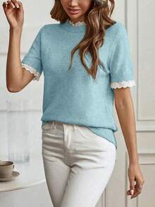 Louniche Elegant Apricot Crew Neck Lace Trim Knit Short Sleeve Sweater, Suitable For Commuting, Home, And Daily Wear, Spring/Summer - Blue - View 4