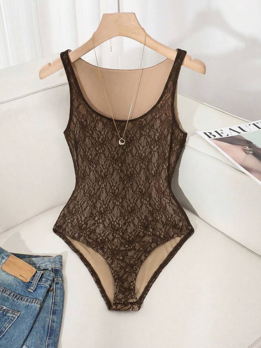 SHEIN Franclia Áo liền thân ren thanh lịch dành cho nữ, thích hợp cho hẹn hò/nghỉ dưỡng, mùa hè. - Cà phê nâu - Xem 1