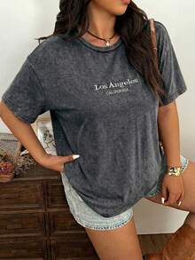 SHEIN EZwear Black Vintage Distressed Cotton Embroidered Loose T-Shirt, Plus Size - Black - View 3