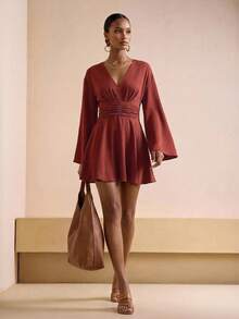 Zivah Bộ jumpsuit màu vàng đất thanh lịch, tay rộng, eo nhún, phong cách thường ngày, thích hợp cho kỳ nghỉ năm 2026. - Rỉ Nâu - Xem 4