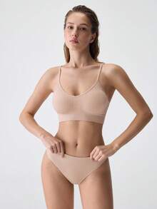 SHEIN Conjunto de lencería de sostén y panty sin costuras y sin adornos - Caqui - Ver 1