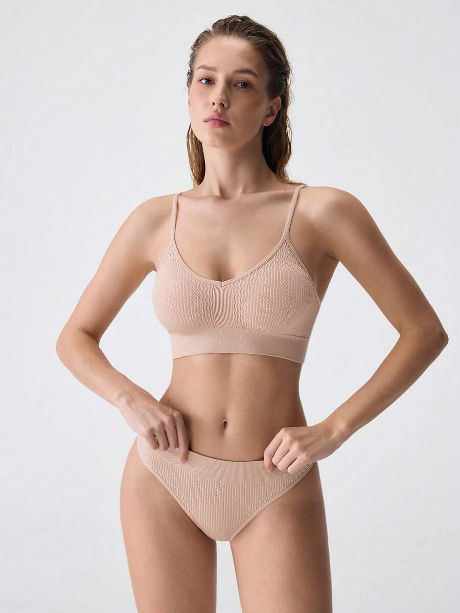 SHEIN Conjunto de lencería de sostén y panty sin costuras y sin adornos - Caqui - Ver 1