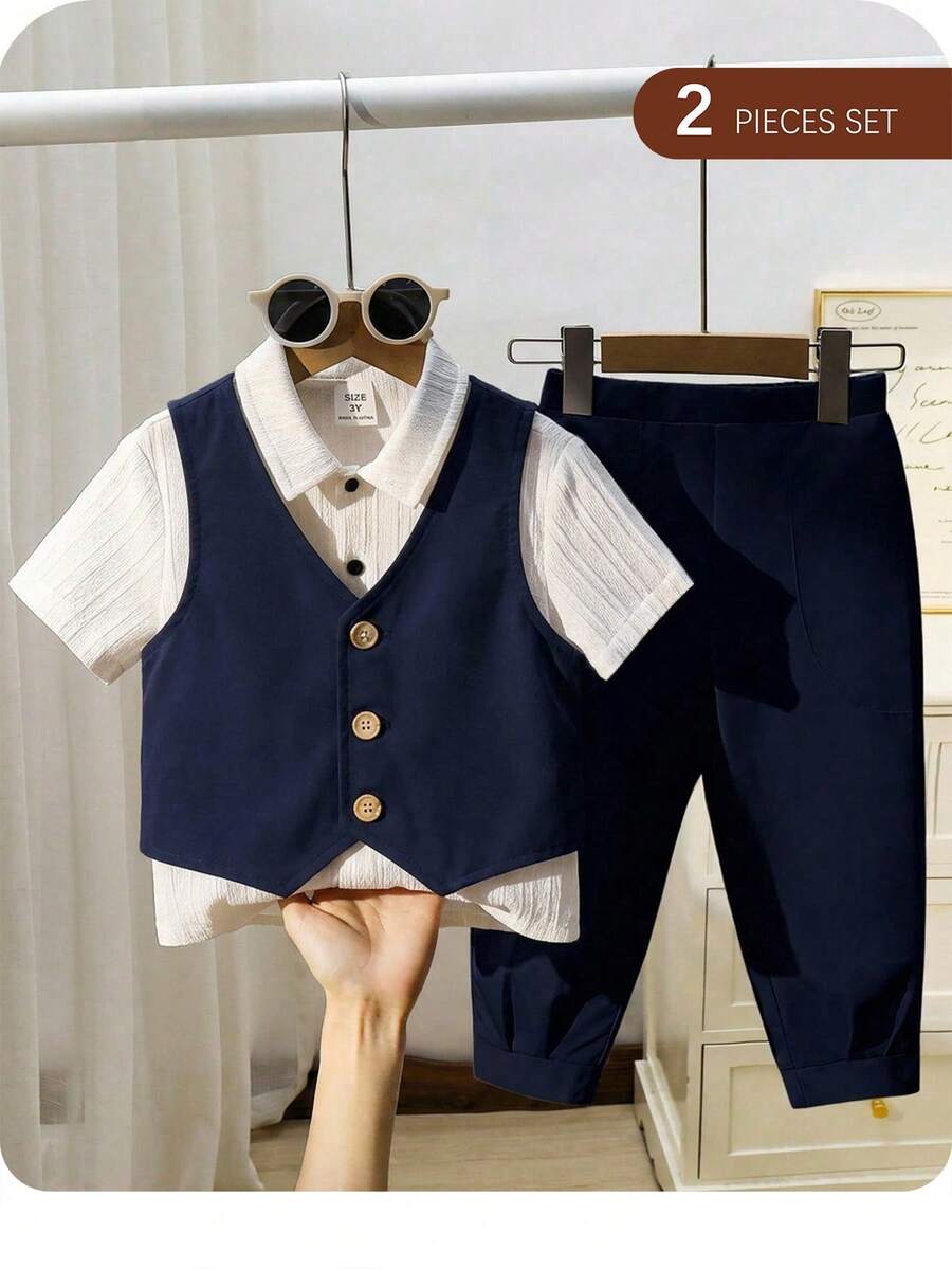 Baby Boy Preppy Style Cute Versatile Navy Vest & Pants Gentleman Outfit Set - Blue - View 1