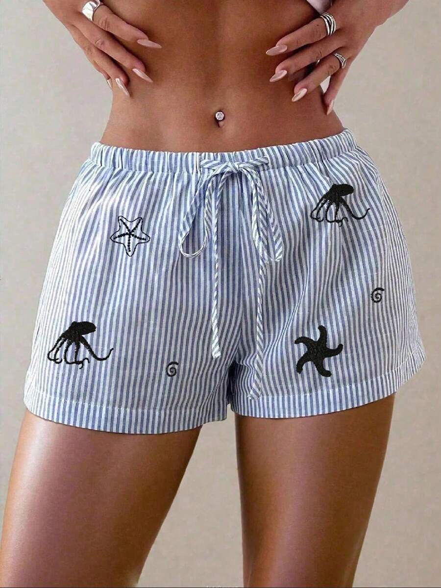 Quần short nữ kẻ sọc thắt eo, thêu hình sao biển và bạch tuộc. - Xanh và trắng - Xem 1