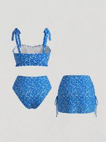 Sweetra CURVE Plus Size 3pcs Set: Ditsy Floral Tankini Top With Adjustable Tie Strap, Matching Print Triangle Bikini Bottoms, And Ruffle Hem Skirt, Elegant Lady Swimwear For Pool Party For Summer Beach Vacation - Multicolor - View 2