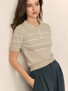 BizChic Women's Polo Collar Knit Top,Beige,Summer,Elegant And Classy,Everyday,Back-To-School,Business Casual Office Outfits,Versatile Retro Striped Blouses - Khaki - View 2