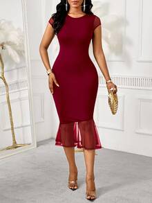 SHEIN Lady Đầm suông cổ tròn phối lưới vá viền loe màu trơn thanh lịch dành cho nữ - Màu Đỏ Sâu - Xem 5