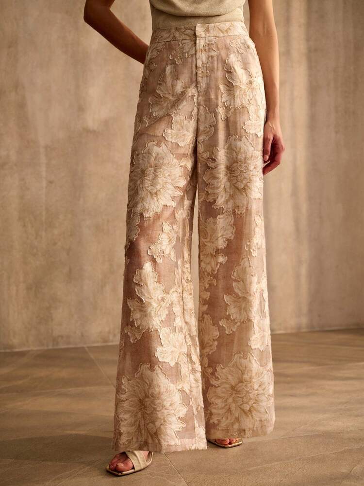 WOMEN'S KHAKI TEXTURED JACQUARD STRAIGHT-LEG PANTS