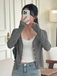 DAZY 女士休闲百搭纯色前开襟长袖T恤 - 深灰色 - 查看 7