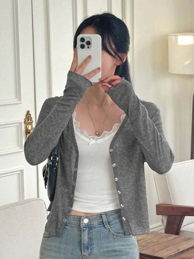 Women's Casual Versatile Solid Color Front Button Long Sleeve T-Shirt