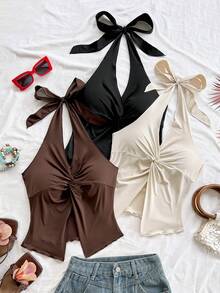Soleia 3 Stücke V-Ausschnitt Knotenfront Twist asymmetrischer Saum figurbetontes Top, Gelb, Beige, Hellblau, geeignet für Urlaub, Date, Nachmittagstee, Reise, Musikfestival, Boho, Sommer, Strand - Verschiedenfarbig - Übersicht 3
