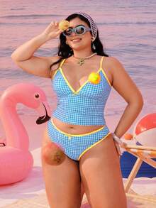 Swim Mod 2026新款加大码女式两件套随机几何印花时尚度假休闲显瘦保守蝴蝶结可调节粗肩带高腰高衩三角比基尼泳衣 - 淺藍色 - 查看 1