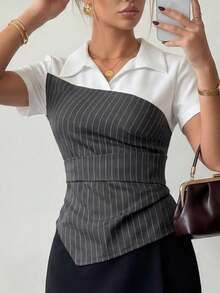 Ritzy Row Áo sơ mi tay ngắn Raffinéa thời trang kẻ sọc phối màu trơn dành cho nữ, thích hợp đi làm. - Xám - Xem 5