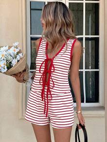 Easowa 2pcs Apricot White Knit Textured Striped Women Top And Shorts Set, Retro Style - Red and White - View 5