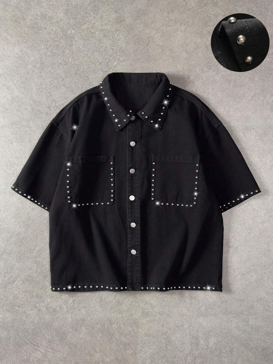 ROMWE MEN Men's Fashionable Front Button Denim Casual Shirt, Versatile Street Style Summer Top - Black - View 1