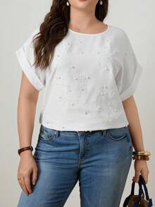 Zelara 大码女式珍珠装饰圆领蝙蝠袖短袖优雅上衣 - 白色 - 查看 4