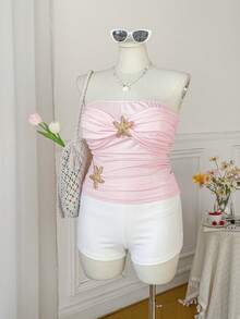 SHEIN EZwear Bộ áo hai dây và quần short phối màu tương phản Starfish, trang phục thường ngày đi nghỉ mát, cỡ lớn. - Màu Hồng baby - Xem 3