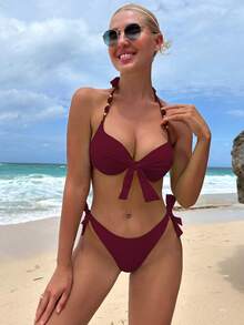 Swim Vcay 女士夏季沙滩纯色褶皱挂脖系带性感比基尼和三角泳裤套装 - 中紫紅色 - 查看 3