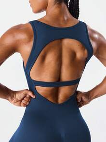 Seamluxe SHEIN Sport Salopetă de sală pentru femei, culoare solidă, fără cusături, cu spate, body, costum de sală, salopetă de antrenament, body, haine de antrenament pentru femei, costum de antrenament, îmbrăcăminte de fitness, salopete de sală, push-up, body, ținută de fitness pentru femei - Albastru marin - Vizualizare 7