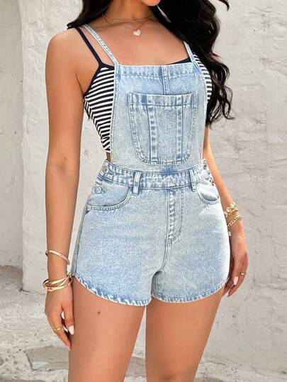 Rivivi 时尚休闲浅色水洗牛仔背带裤