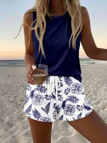 Sylviya Women's Casual Round Neck Tank Top And Shorts 2 Pieces Set, Suitable For Summer - Multicolor - View 3