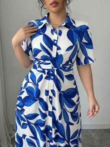Elenzga Blue Collared Short Sleeve Cinched Waist Casual Plus Size Dress With Artistic Leaf Print In Blue And White - Blue - View 4