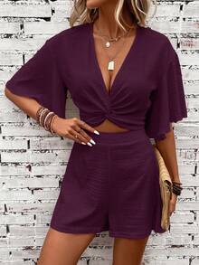 SHEIN Clasi Twist Front Butterfly Sleeve Crop Top & Shorts Two Pieces Set - Purple - View 4