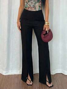 FRIFUL Women's Casual Solid Color Elastic Waist Slit Hem Pants - Black - View 12